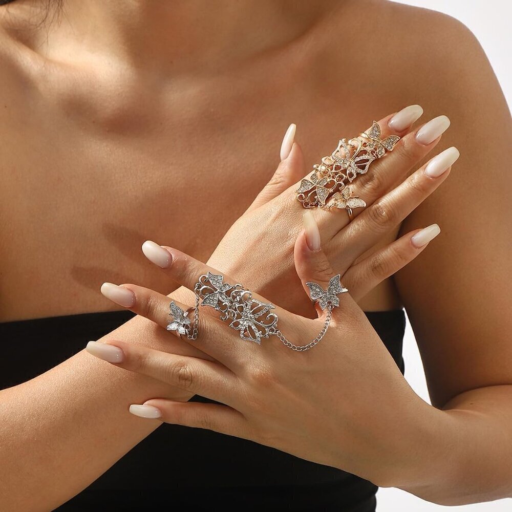 Butterfly Gold Hand Chain for Women Adjustable Crystal Finger Rings Punk Jewelry - Picture 4 of 6